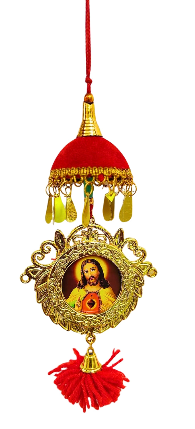 Double-Sided Car Hanging Frame – Jesus & Mary with Mini Umbrella Decoration (7")