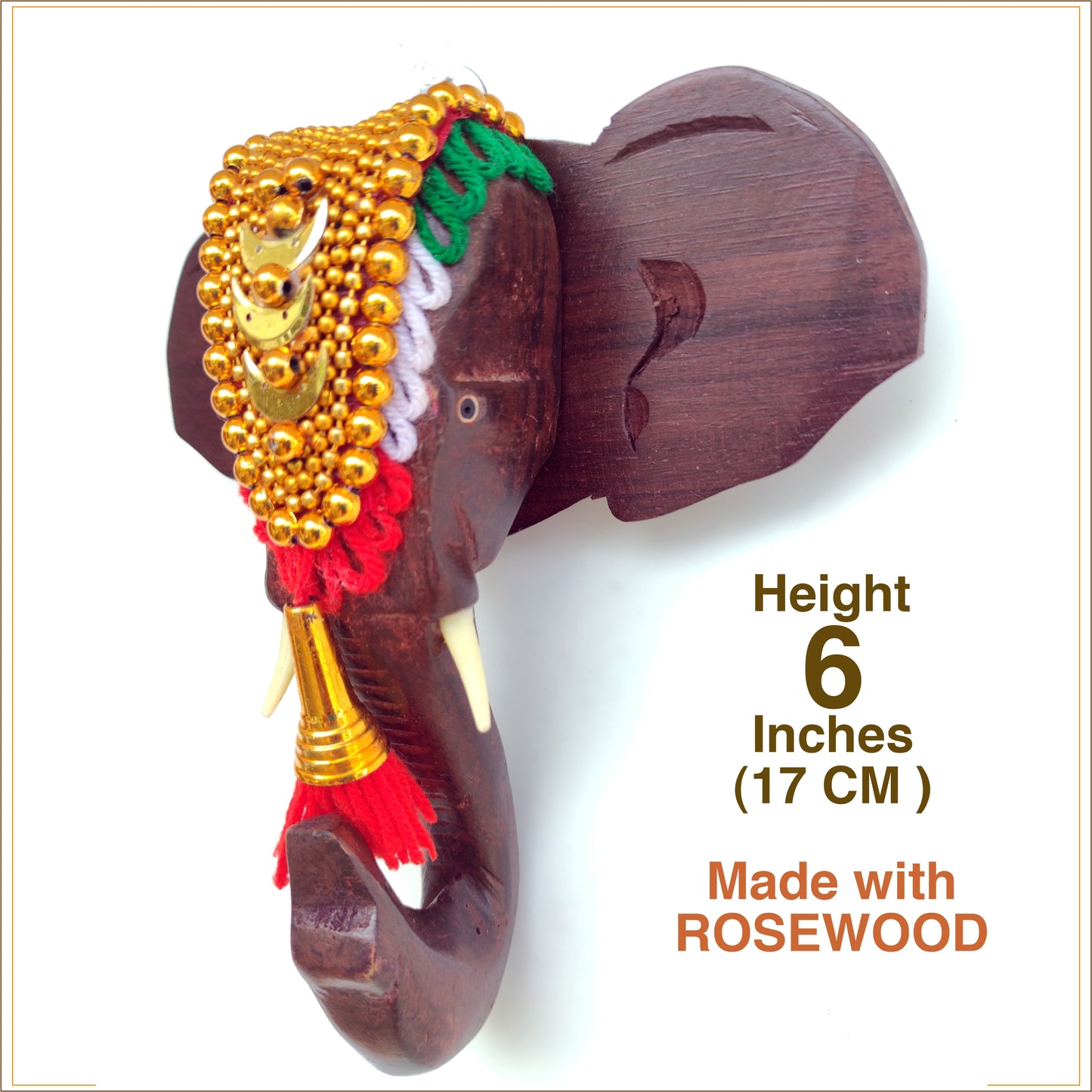 Rosewood Wooden Elephant Head Wall Hanging with Nettipattom - 6 Inch