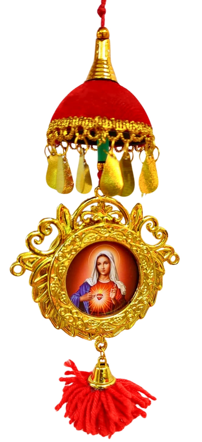 Double-Sided Car Hanging Frame – Jesus & Mary with Mini Umbrella Decoration (7")