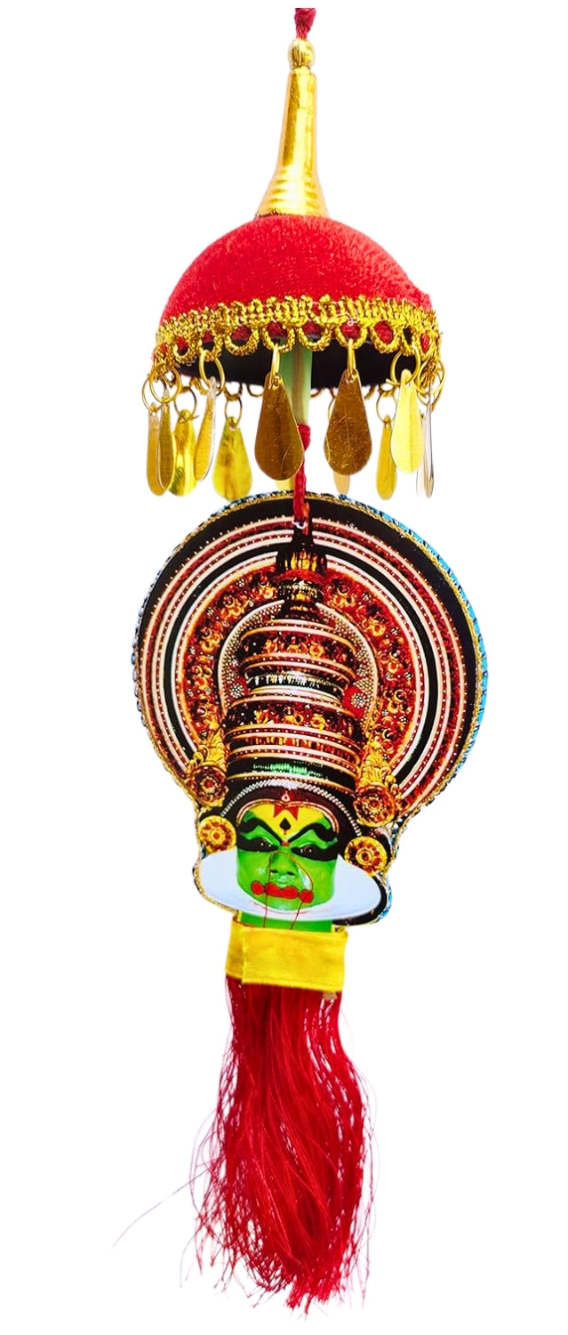 Car Hanging Ornament – Kathakali Faces on Both Sides with Miniature Umbrella and Artwork