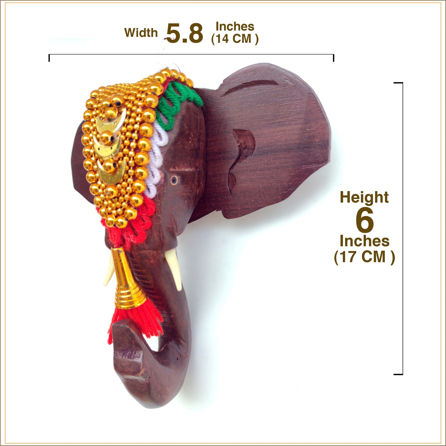 Rosewood Wooden Elephant Head Wall Hanging with Nettipattom - 6 Inch