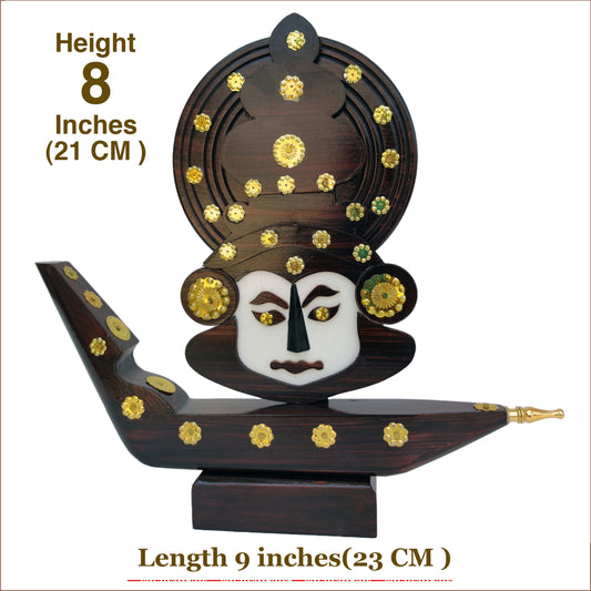 Handcrafted Kerala Chundan Vallam Miniature with Kathakali Face – 9.5-Inch Wooden Decor Showpiece