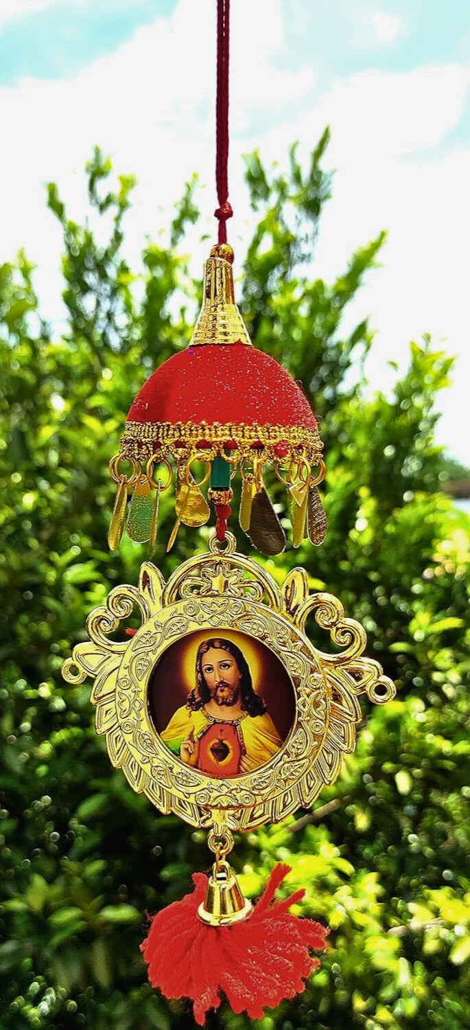 Double-Sided Car Hanging Frame – Jesus & Mary with Mini Umbrella Decoration (7")