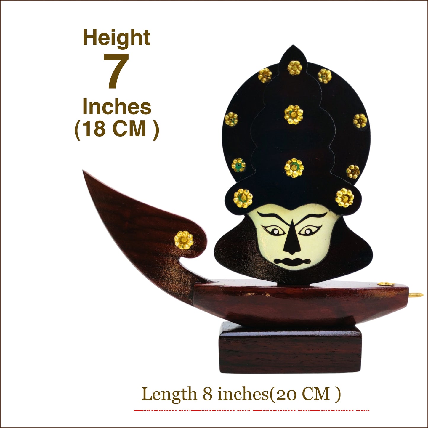 Wooden Kerala Traditional Chundan Boat Curio Miniature with Kathakali Face - 7.5 Inch Height