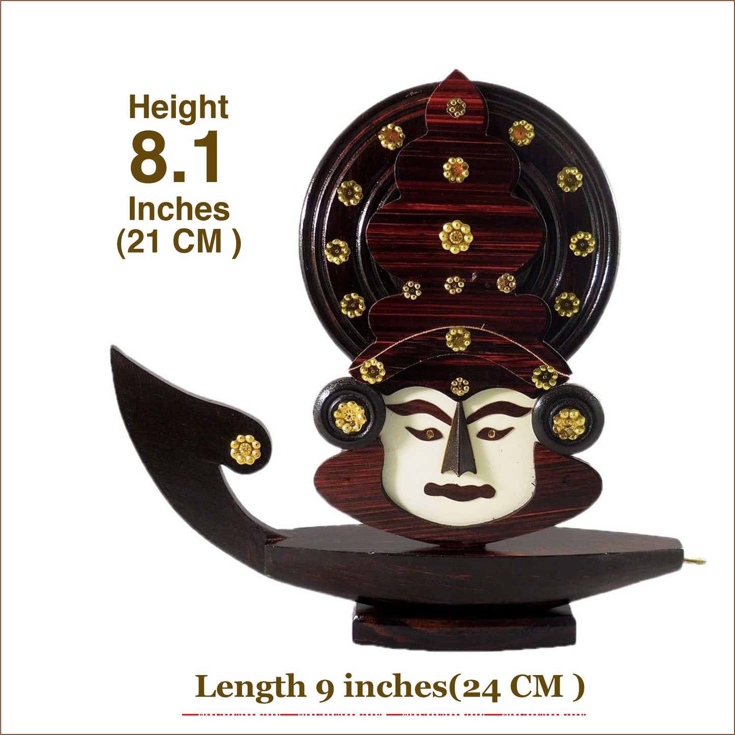 Wooden Kerala Traditional Chundan Boat Curio Miniature with Kathakali Face - 8.1 Inch Height