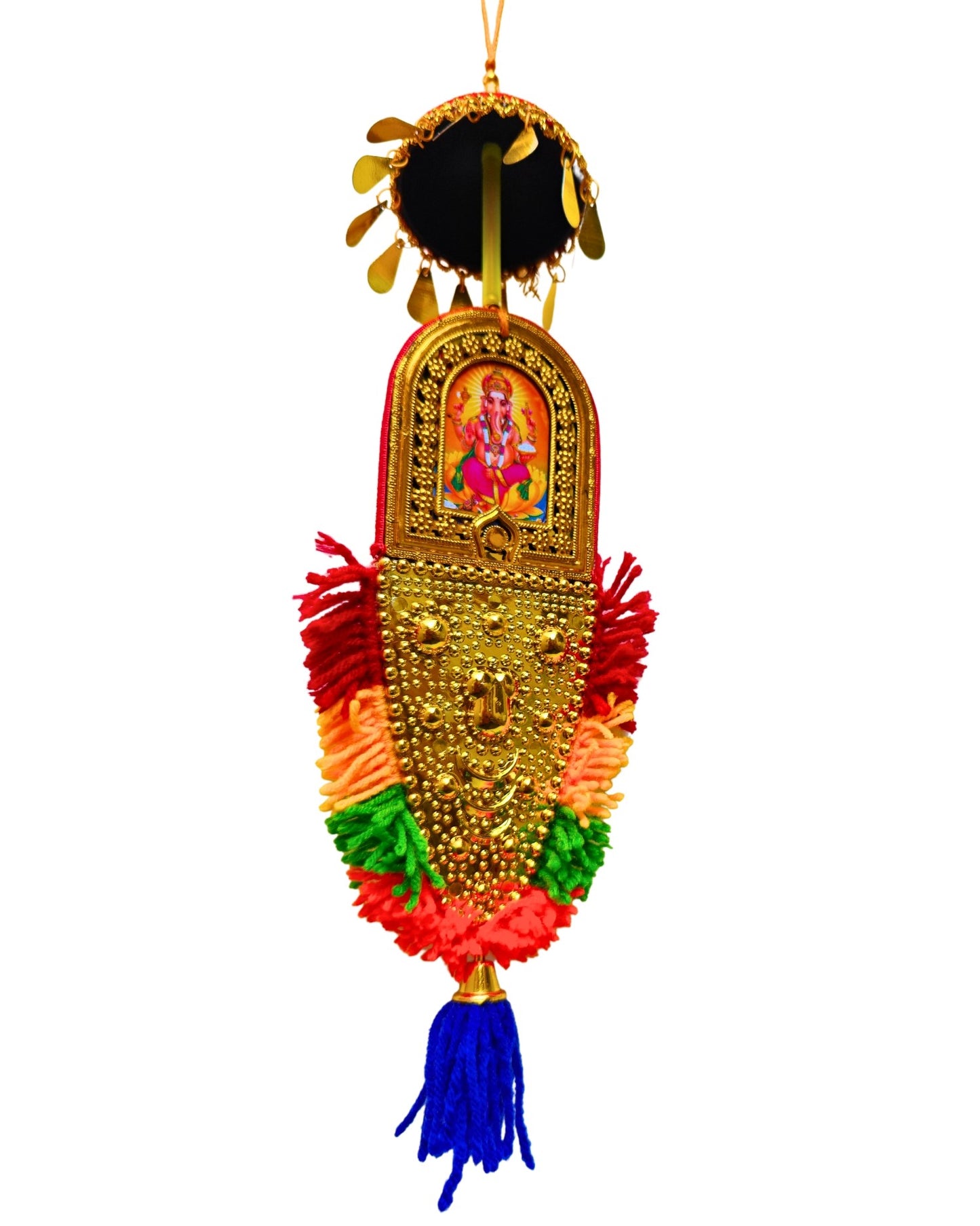 Double-Sided Car Hanging Nettipattam – Sree Ganesha & Sree Guruvayoorappan with Umbrella Decoration (7")