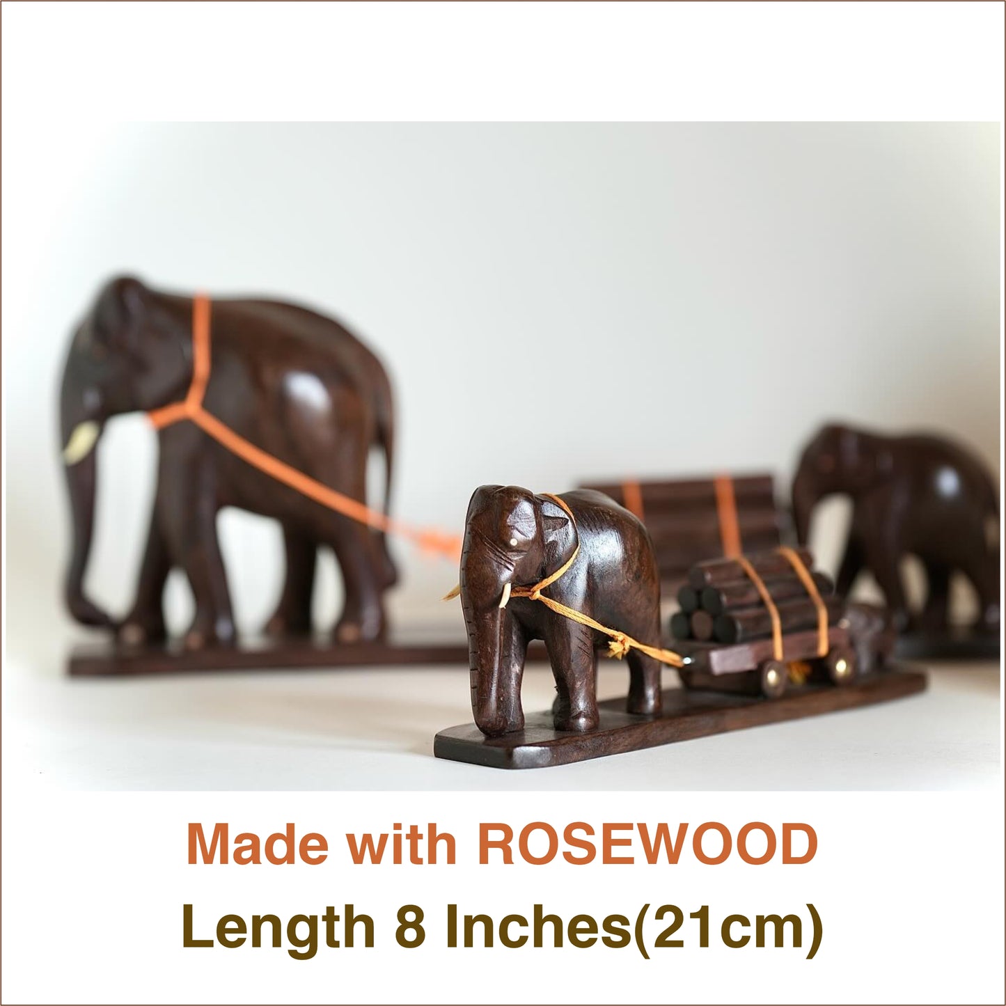 Elephant cart Figurine: A Mother and Calf Pulling a Wooden Cart -Size: 8 Inches