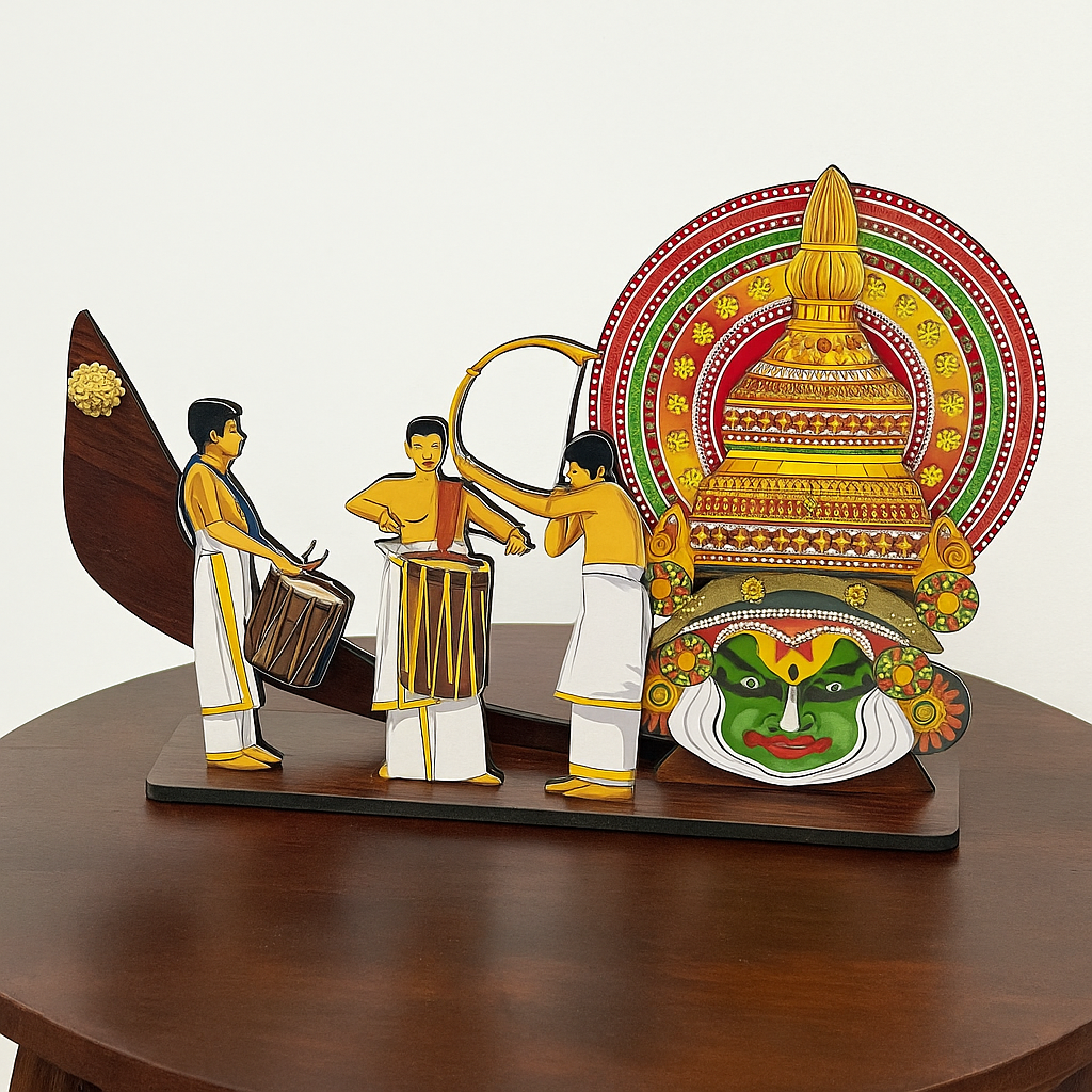 Kerala Festive Vadhyamelam with Boat & kathakali Head – Handcrafted Wooden Showpiece