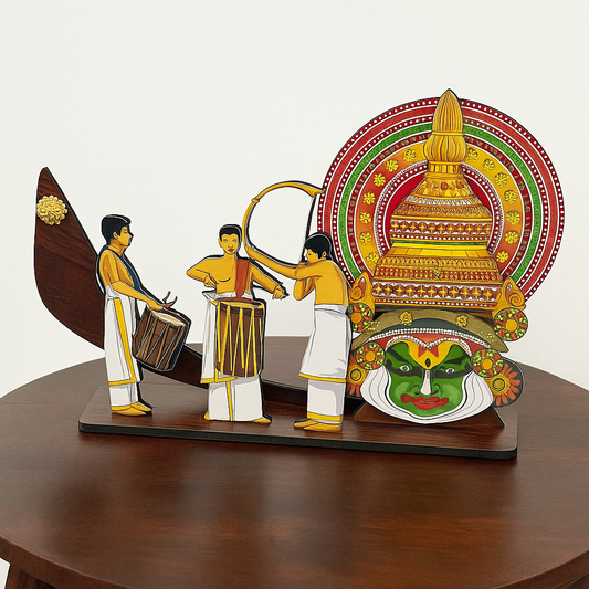 Kerala Festive Vadhyamelam with Boat & kathakali Head – Handcrafted Wooden Showpiece