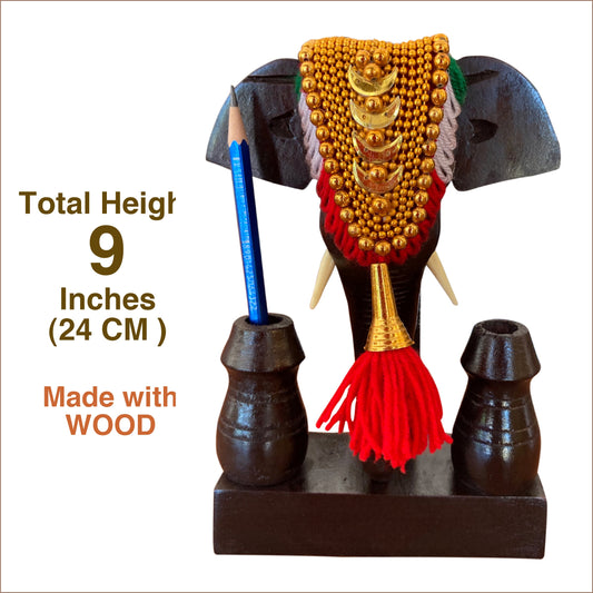 Elephant Head Nettipattom Pen Holder – 9 Inch | Handcrafted in Mahogany Wood