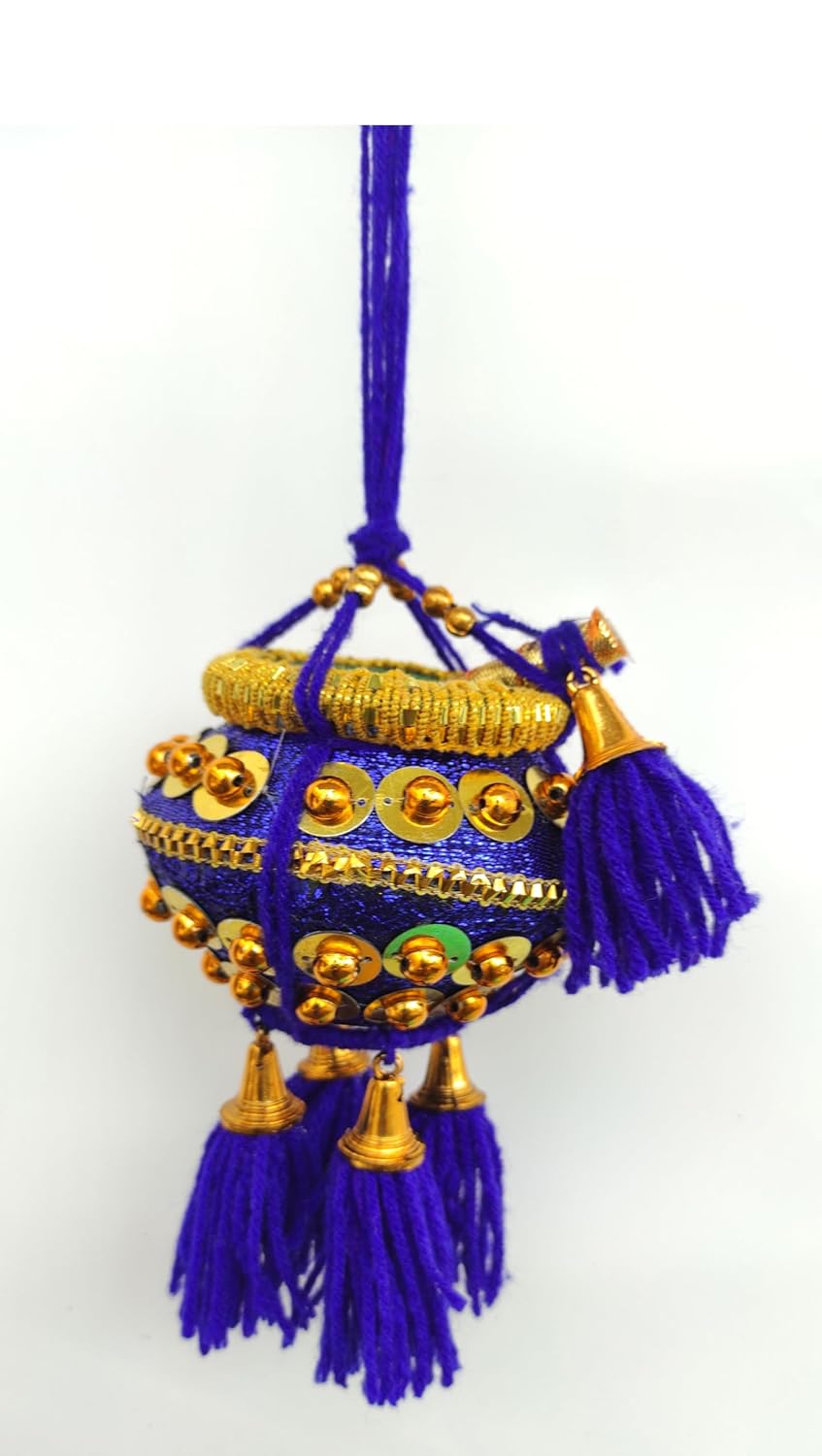 Miniature Fancy Uri Pot Car Hanging – Krishna Maakhan Matki with Flute (Blue)