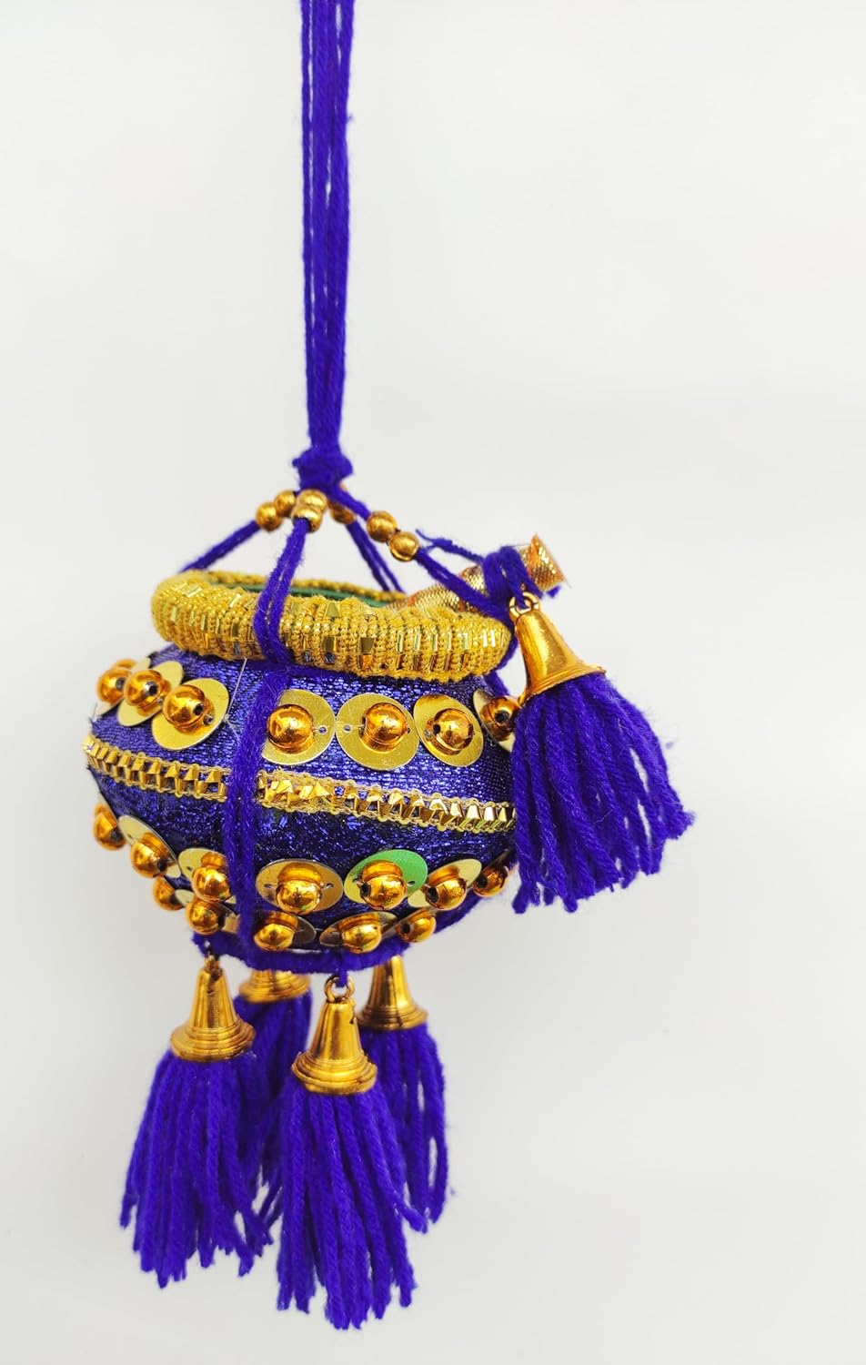 Miniature Fancy Uri Pot Car Hanging – Krishna Maakhan Matki with Flute (Blue)