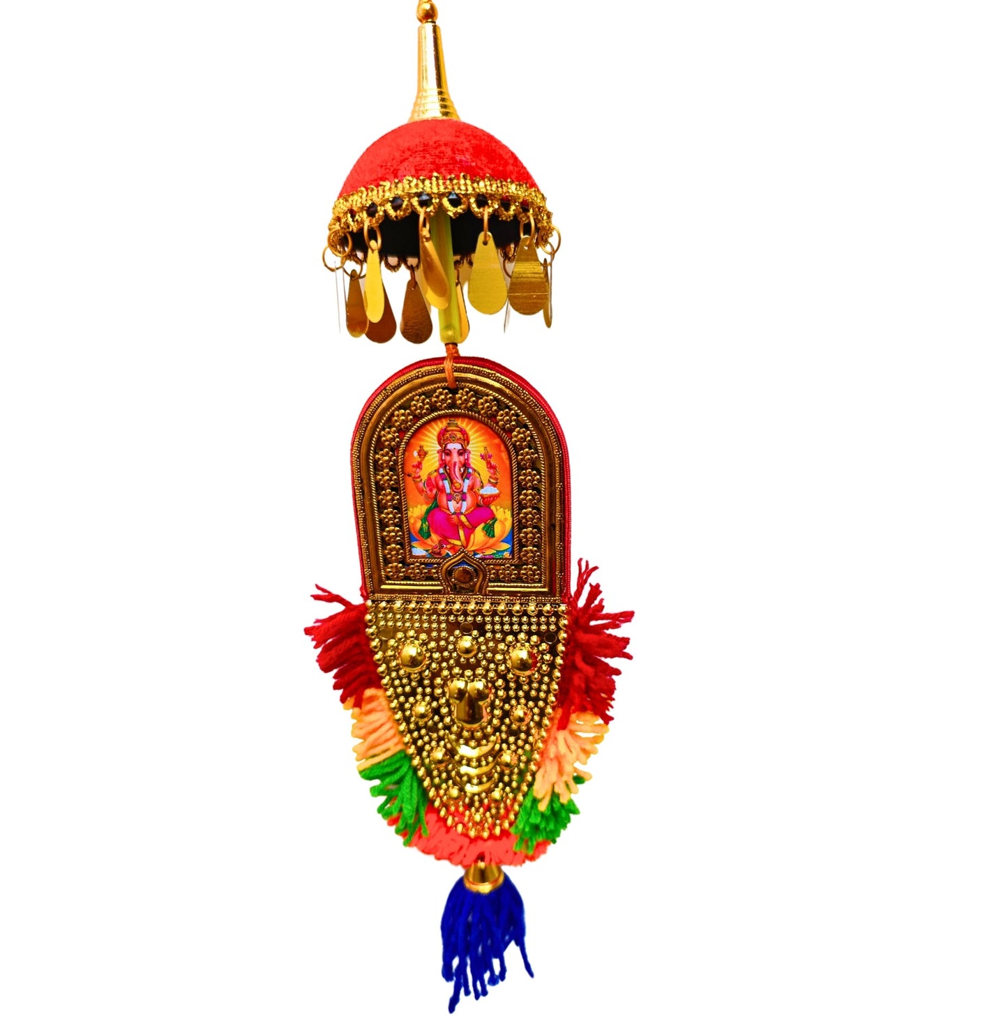 Double-Sided Car Hanging Nettipattam – Sree Ganesha & Sree Siva Parvathi Devi with Umbrella Decoration (7")