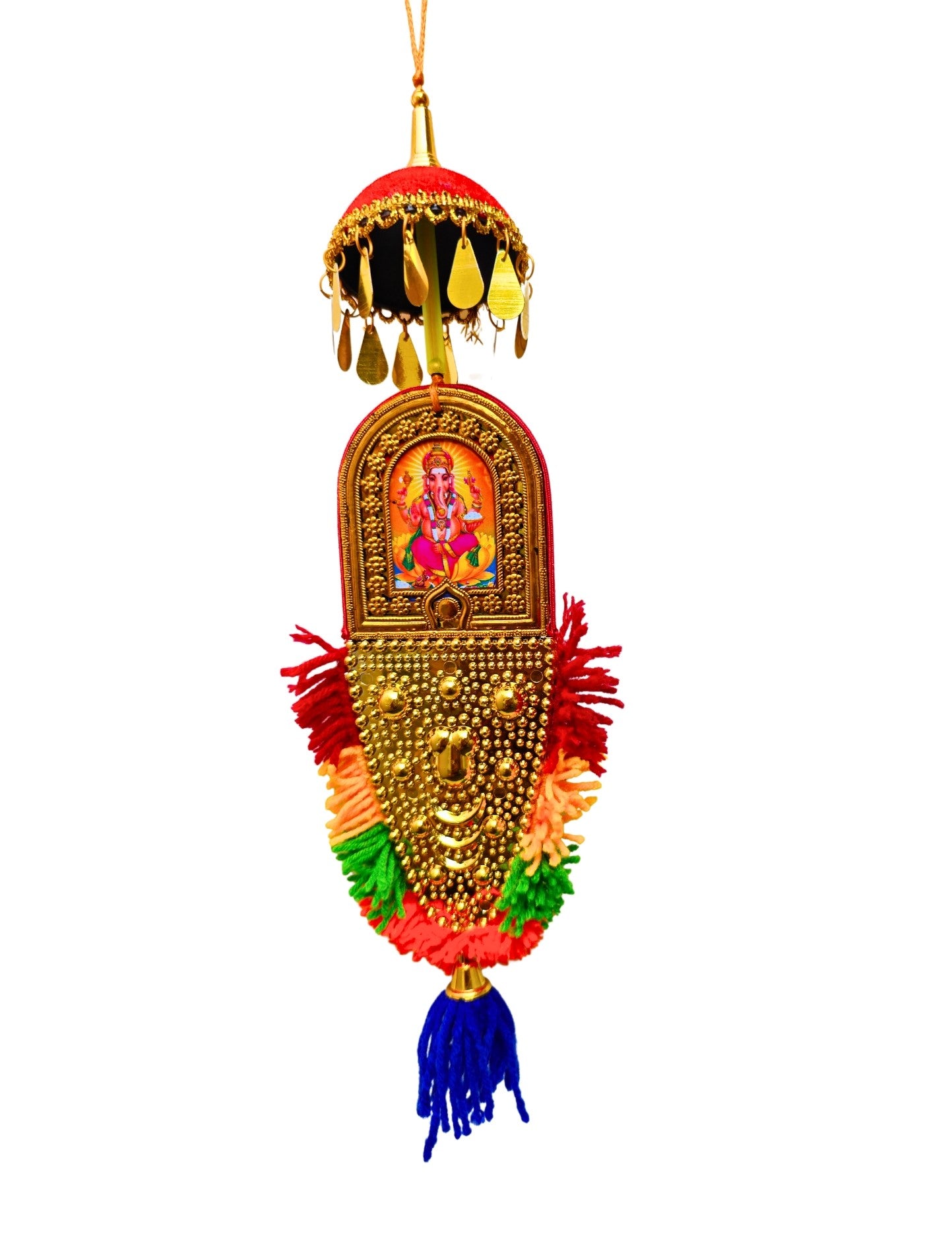 Double-Sided Car Hanging Nettipattam – Sree Ganesha & Sree Siva Parvathi Devi with Umbrella Decoration (7")