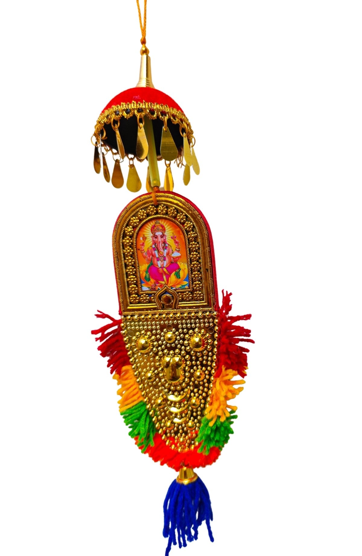 Double-Sided Car Hanging Nettipattam – Sree Ganesha & Sree Siva Parvathi Devi with Umbrella Decoration (7")