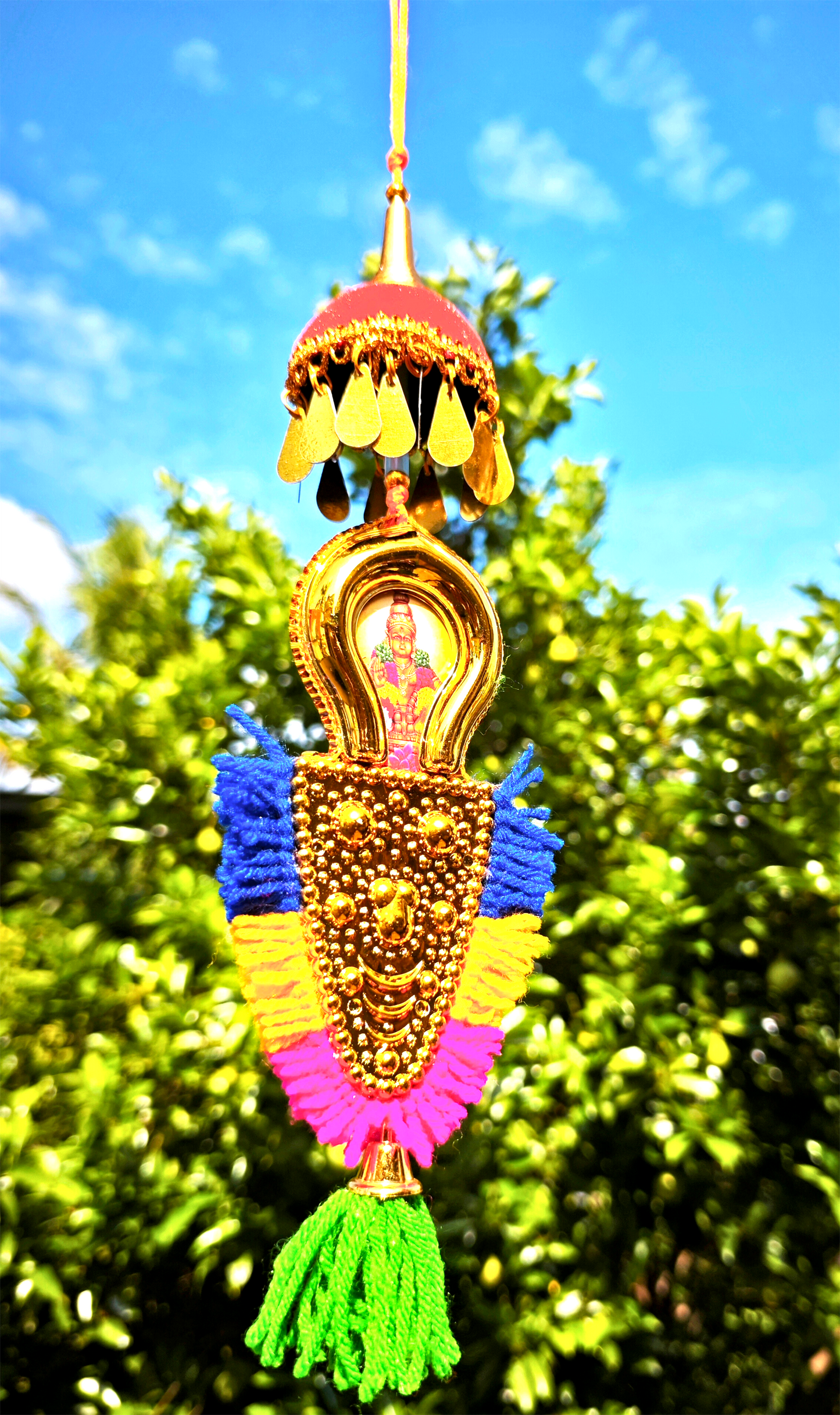 Car Hanging Nettipattom with Double-Sided Designs of Lord Ganesh &  Sree Ayyappan – 7 Inch Oval Frame | Handcrafted Rearview Mirror Charm
