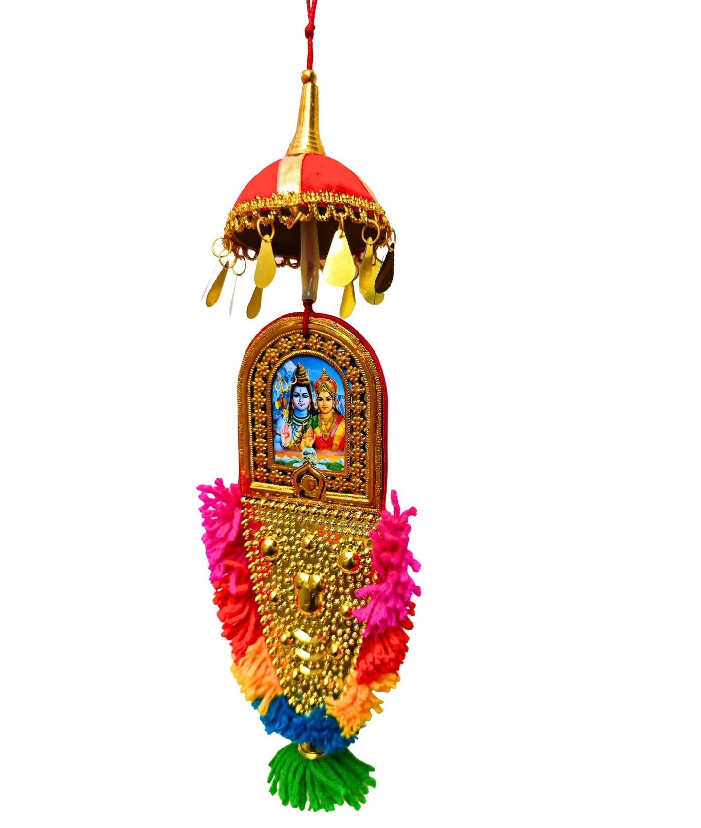 Double-Sided Car Hanging Nettipattam – Sree Ganesha & Sree Siva Parvathi Devi with Umbrella Decoration (7")