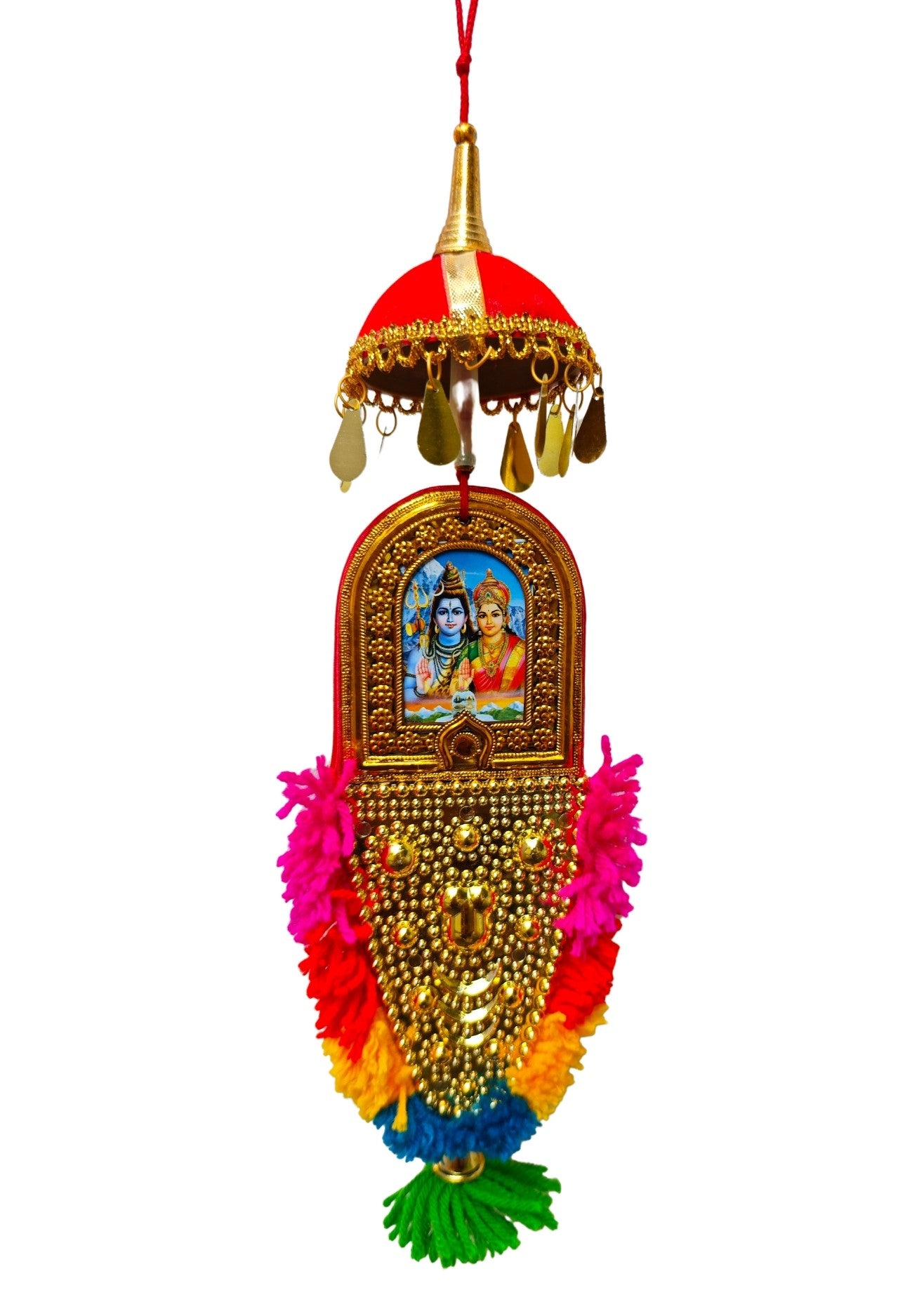 Double-Sided Car Hanging Nettipattam – Sree Ganesha & Sree Siva Parvathi Devi with Umbrella Decoration (7")