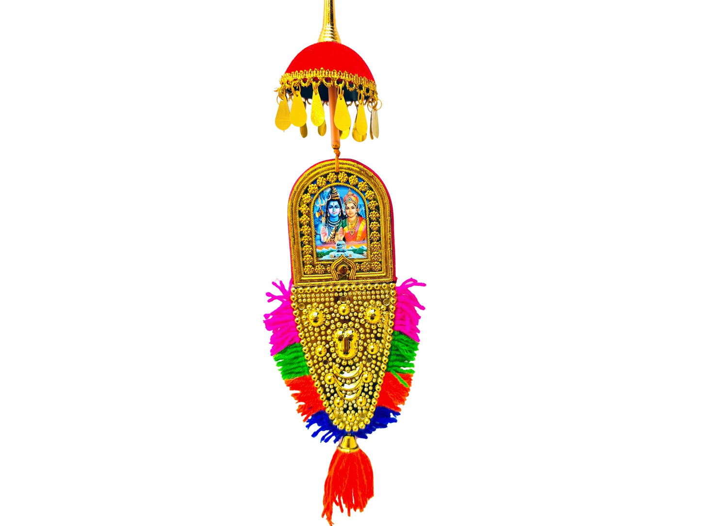 Double-Sided Car Hanging Nettipattam – Sree Ganesha & Sree Siva Parvathi Devi with Umbrella Decoration (7")