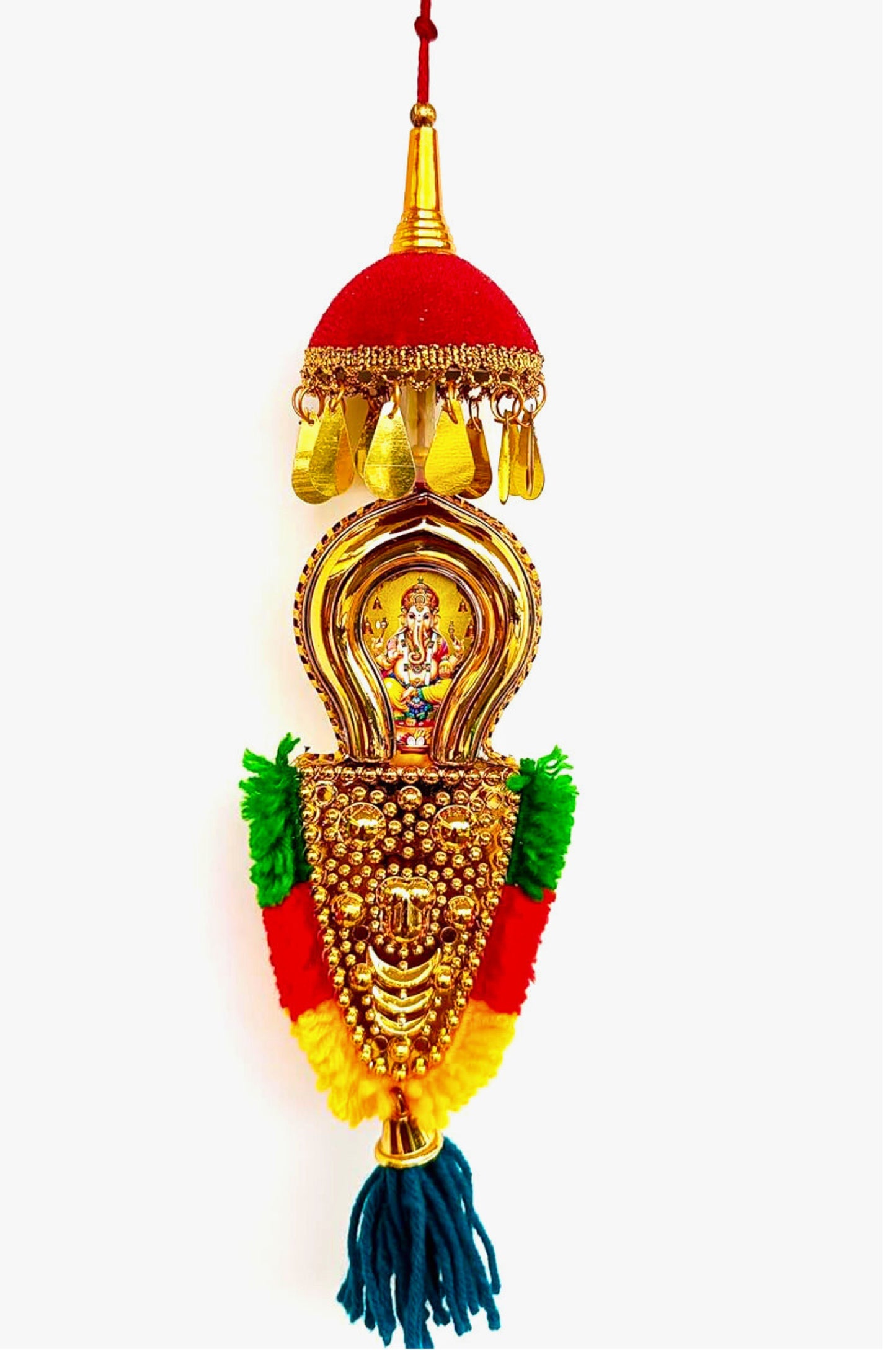 Car Hanging Nettipattam – Double-Sided Lord Ganesh & Vishnu Design | 7-Inch Oval Frame | Handcrafted Rearview Mirror Décor