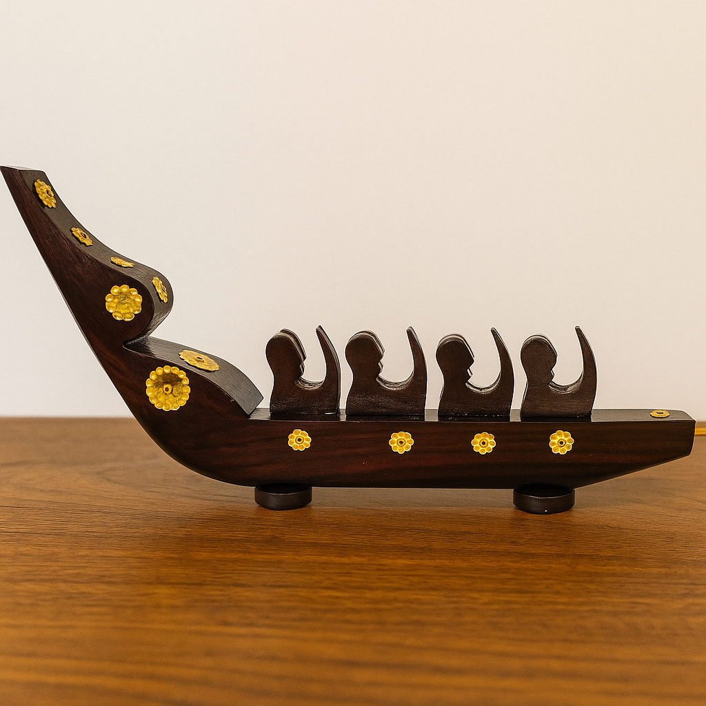 Handcrafted Rosewood Chundan Vallam Miniature with 4 Rowers