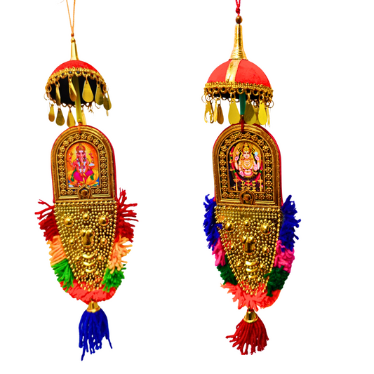 Double-Sided Car Hanging Nettipattam – Sree Ganesha & Chottanikkara Devi with Umbrella Decoration (7 Inches)