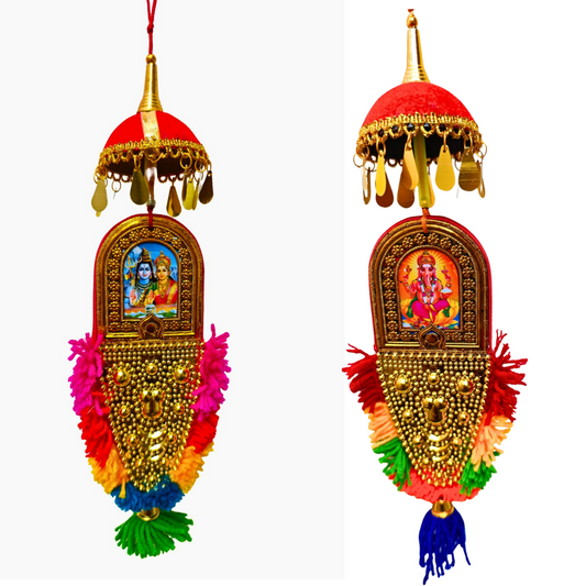 Double-Sided Car Hanging Nettipattam – Sree Ganesha & Sree Guruvayoorappan with Umbrella Decoration (7")