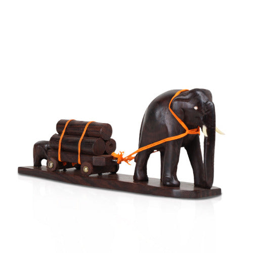 Handcrafted Rosewood Elephant Cart Figurine – Mother & Calf (8 Inches)