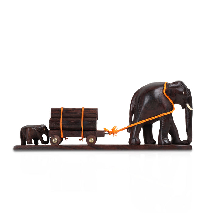 Handcrafted Rosewood Elephant Cart Figurine – Mother & Calf (8 Inches)