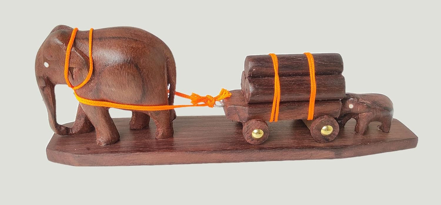 Elephant Figurine: A Mother and Calf Pulling a Loaded Wooden Cart Size: 11 Inches