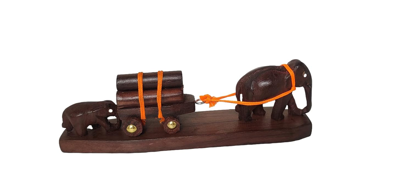 Elephant Figurine: A Mother and Calf Pulling a Loaded Wooden Cart Size: 11 Inches