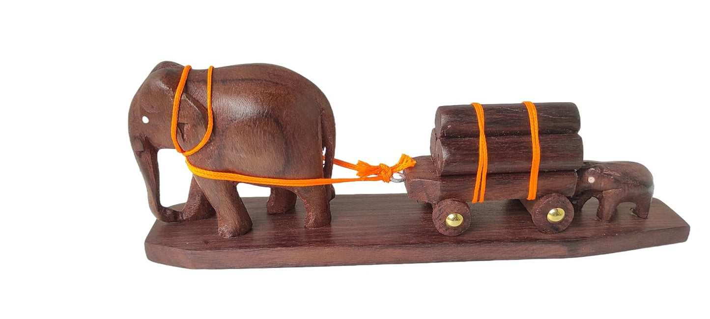 Elephant Figurine: A Mother and Calf Pulling a Loaded Wooden Cart Size: 11 Inches