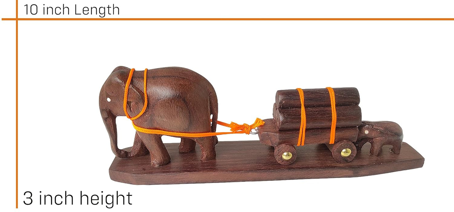 Elephant Figurine: A Mother and Calf Pulling a Loaded Wooden Cart Size: 11 Inches