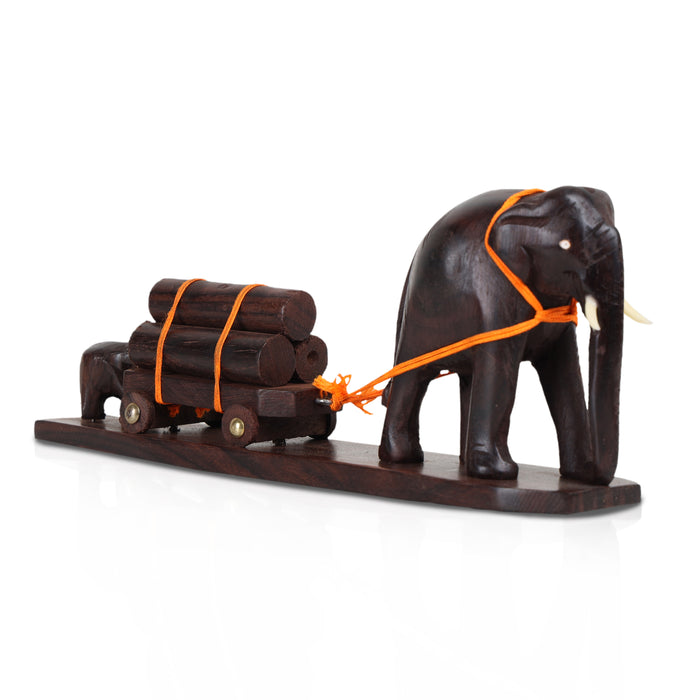 Elephant Figurine: A Mother and Calf Pulling a Loaded Wooden Cart Size: 11 Inches