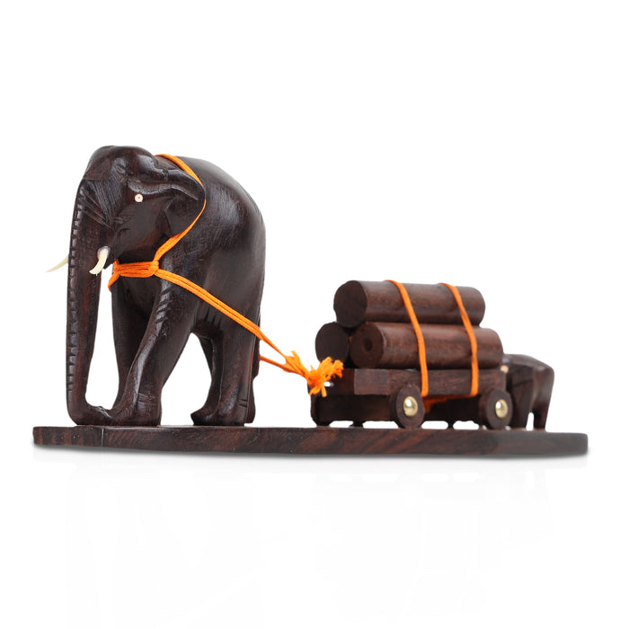 Elephant Figurine: A Mother and Calf Pulling a Loaded Wooden Cart Size: 11 Inches