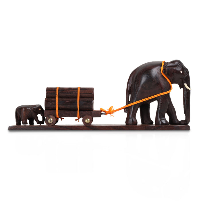 Handcrafted Rosewood Elephant Figurine – Mother & Calf Pulling Loaded Cart (11 Inches)