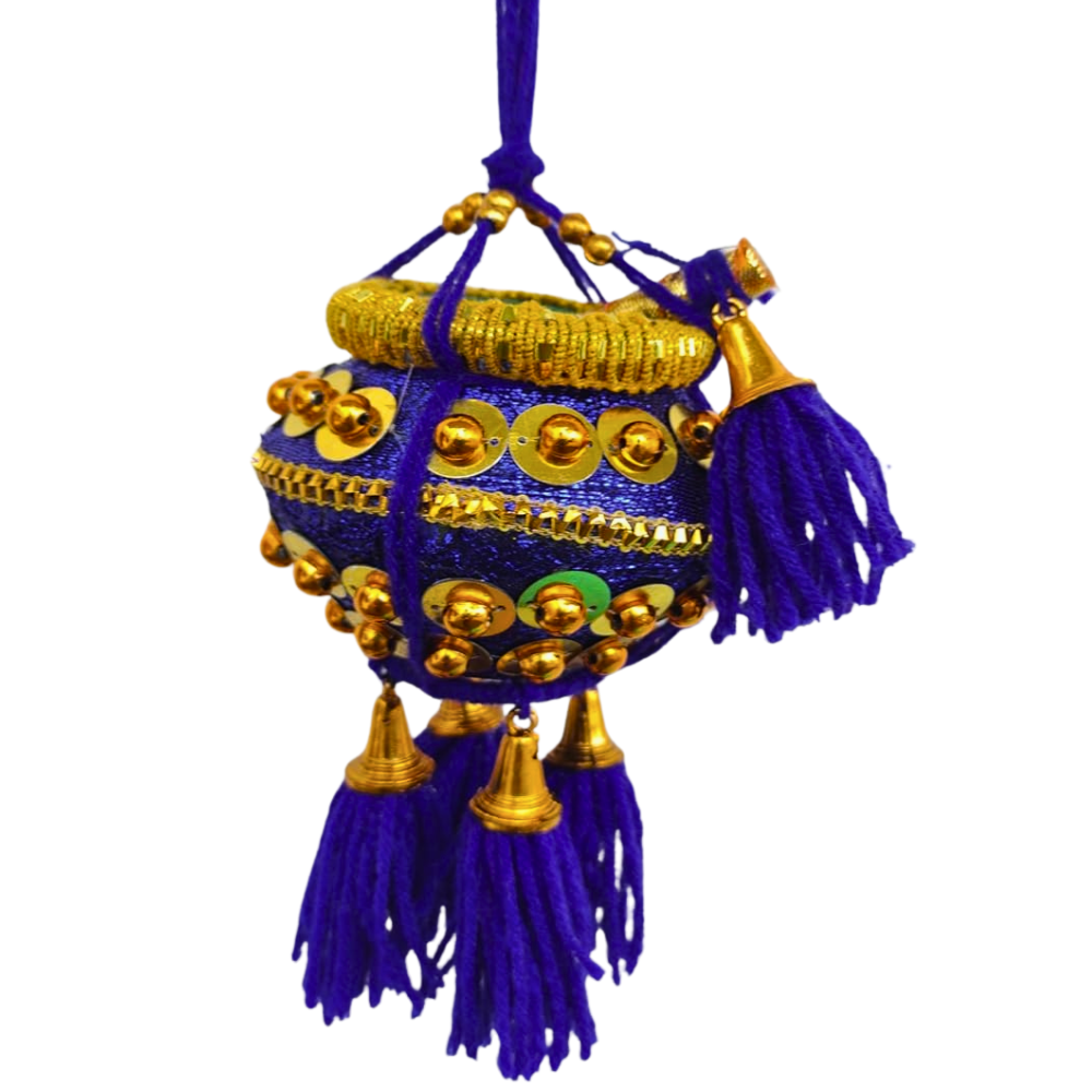 Miniature Fancy Uri Pot Car Hanging – Krishna Maakhan Matki with Flute (Blue)