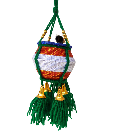 Miniature Uri Pot Car Hanging – Green & White Maakhan Matki with Flute