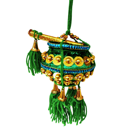 Miniature Uri Pot Car Hanging – Green Maakhan Matki with Flute