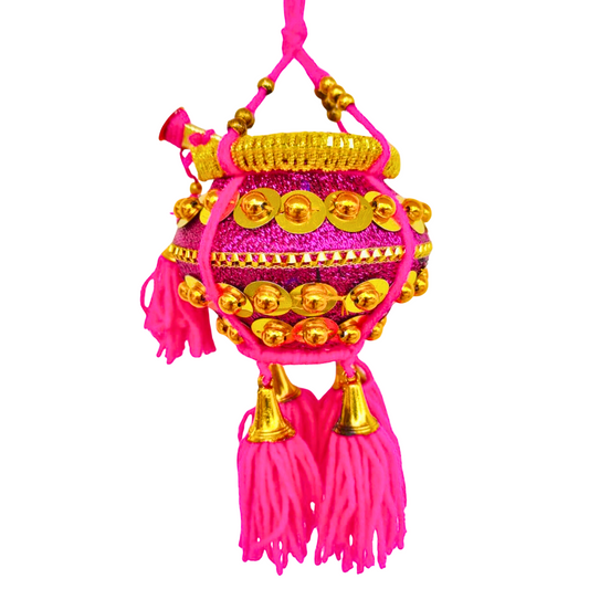 Krishna Milk Butter Pot Hanging – Magenta Maakhan Matki for Car or Home Décor