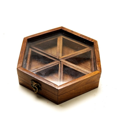 Handcrafted Hexagon Kerala Wooden Spice Box with 6 Compartments for Kitchen