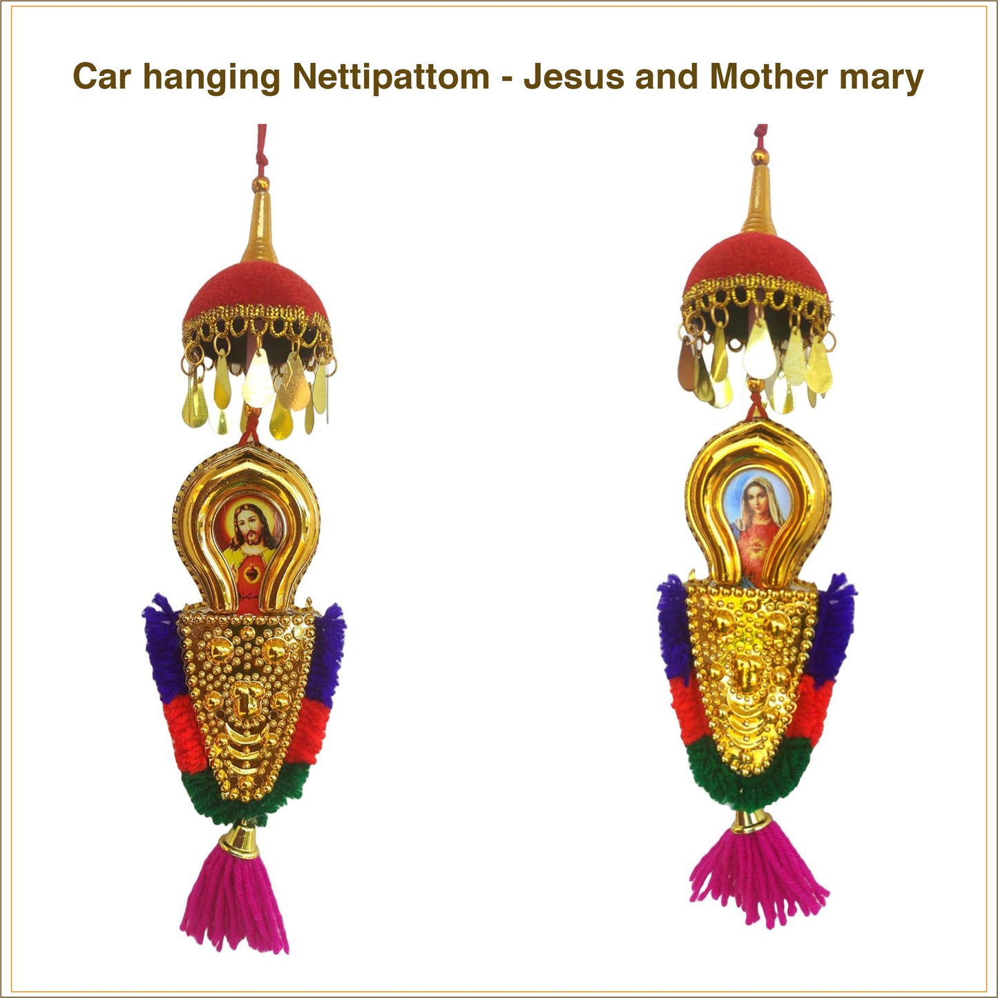 Double-Sided Car Hanging Nettipattam – Jesus & Mary Design | 7-Inch Oval Rearview Mirror Charm