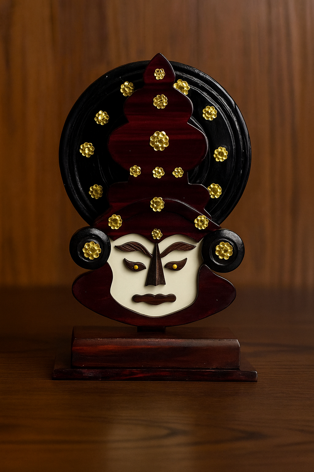 Wooden Kathakali Head with Stand – 8 Inches | Kerala Cultural Decor