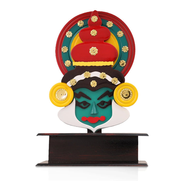 Multicolour Kathakali Head with Wooden Stand – 8 x 6.5 Inches | Handcrafted Table Décor from Kerala