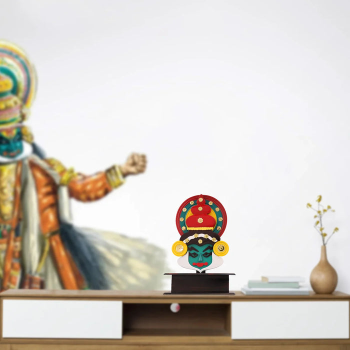 Multicolour Kathakali Head with Wooden Stand – 8 x 6.5 Inches | Handcrafted Table Décor from Kerala
