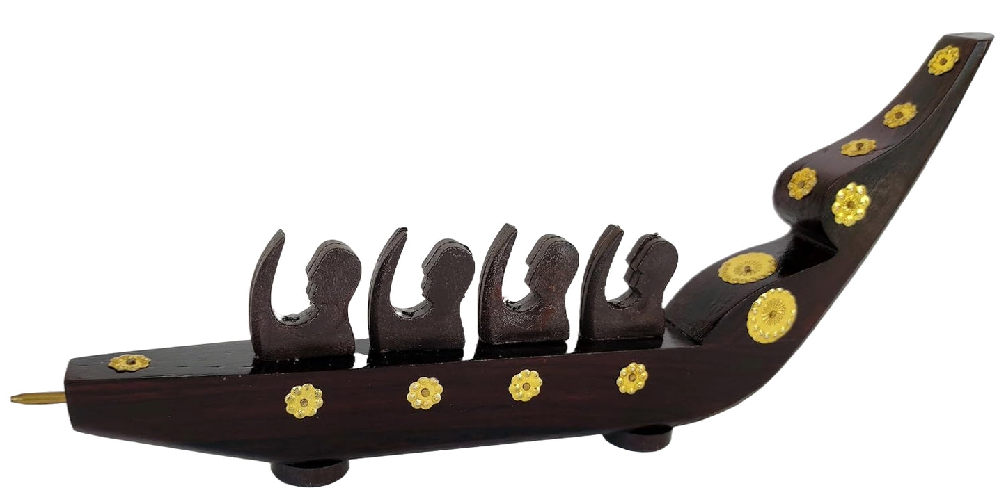 Rosewood Chundan Vallom Miniature with Four Rowers (Traditional Kerala Snake Boat)