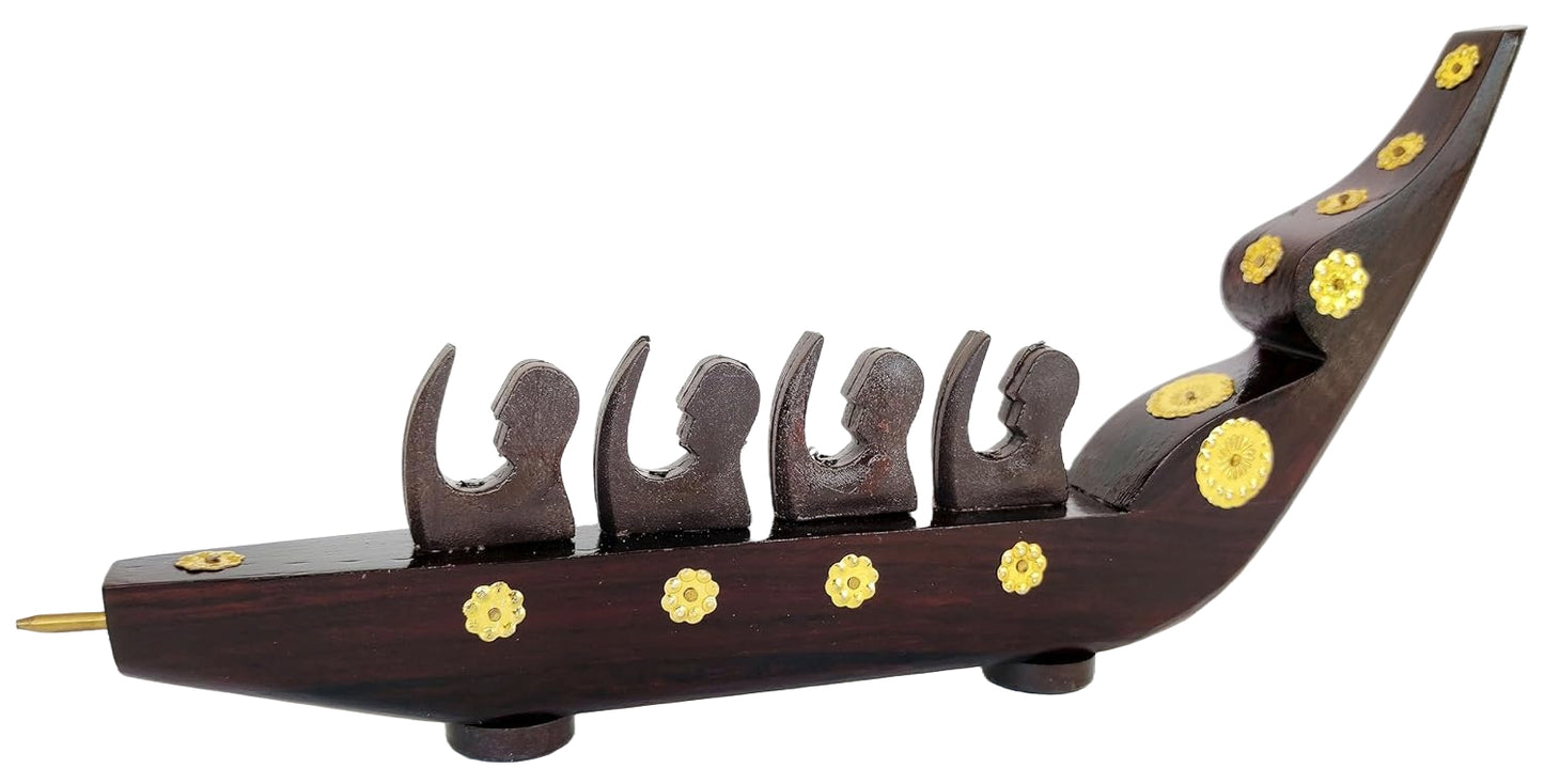 Rosewood Chundan Vallom Miniature with Four Rowers (Traditional Kerala Snake Boat)