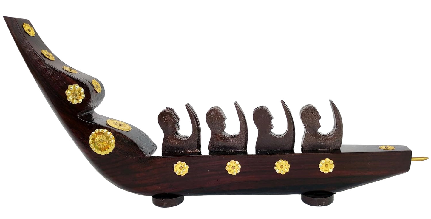 Rosewood Chundan Vallom Miniature with Four Rowers (Traditional Kerala Snake Boat)