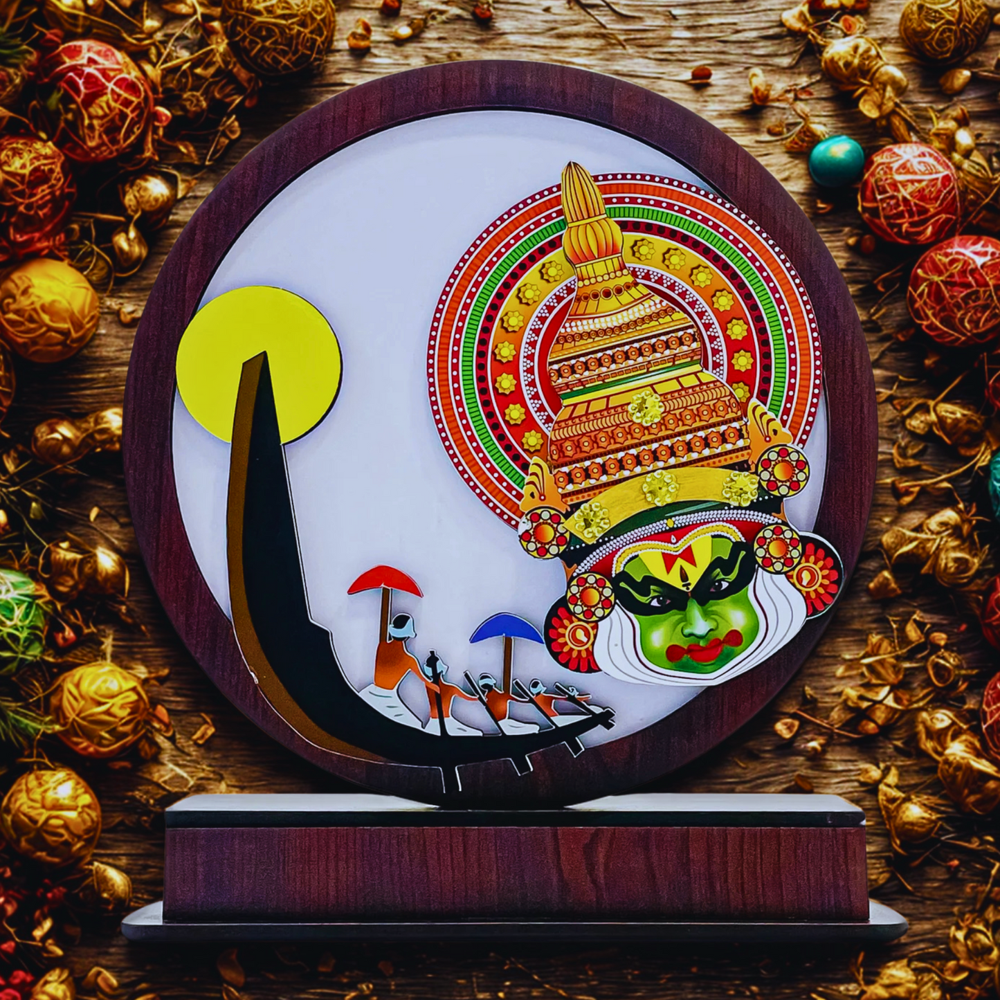 Kerala Cultural Fusion Sculpture – Kathakali & Boat Race Display (8.5 Inches) Handcrafted Kathakali & Vallamkali Sculpture