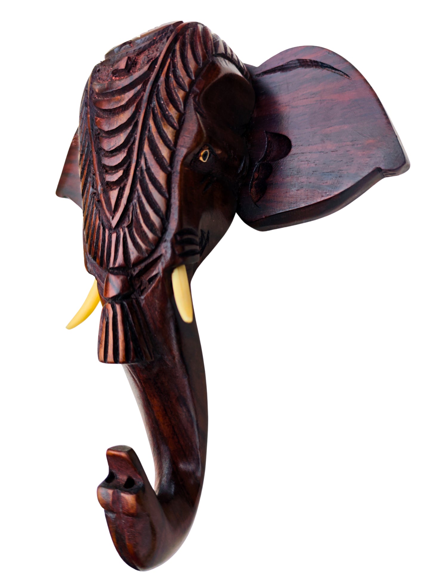 Traditional Indian Décor- Hand-Carved Kerala Elephant Head Wall Hanging with Nettipattom – 8 Inches | Solid Rosewood